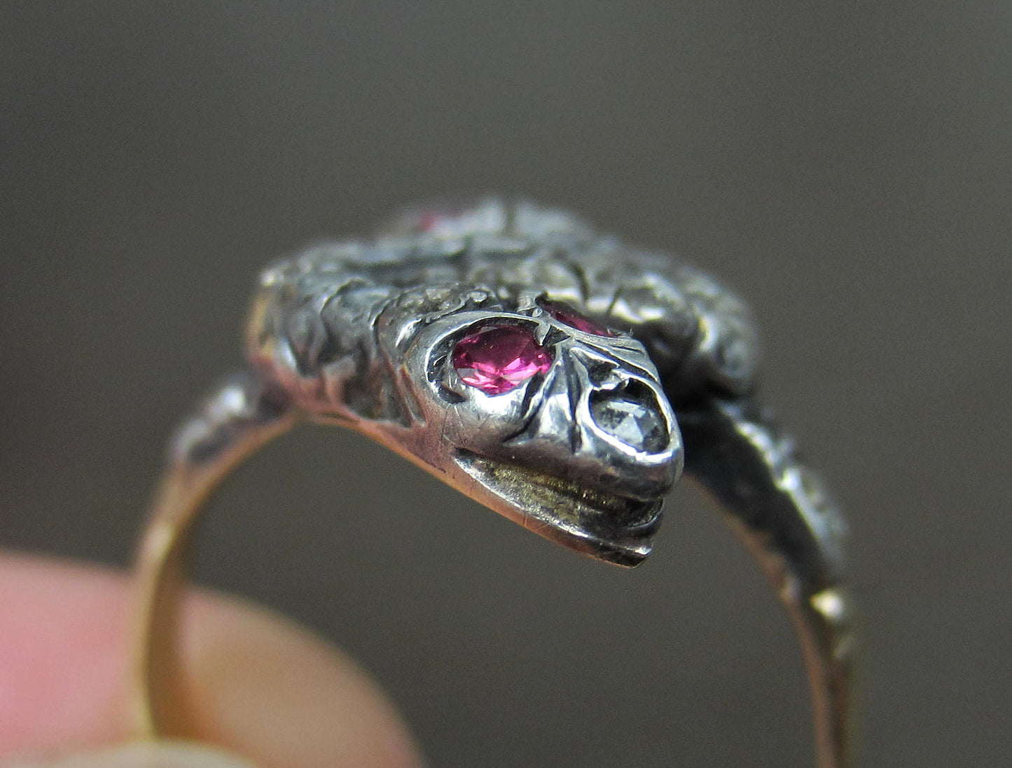 SOLD--Georgian Rose Cut Diamond and Ruby Double Headed Snake Ring Silver/15k c. 1830