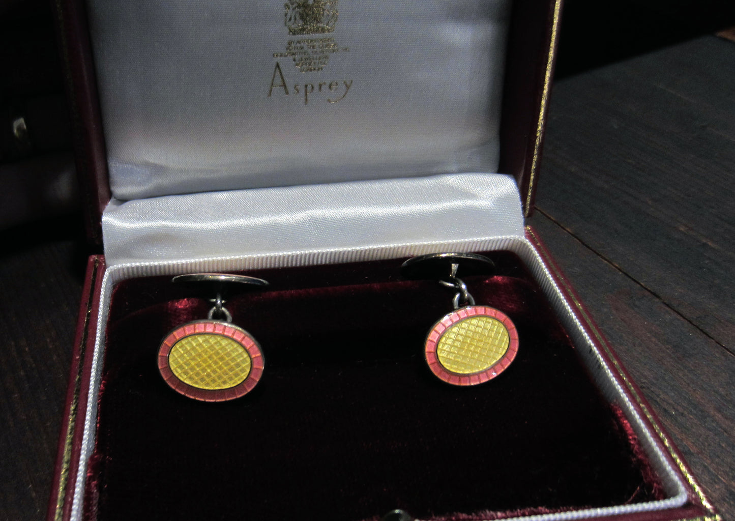 SOLD--Vintage Asprey Guilloche Enamel Cufflinks Sterling Silver, with Box c. 1997