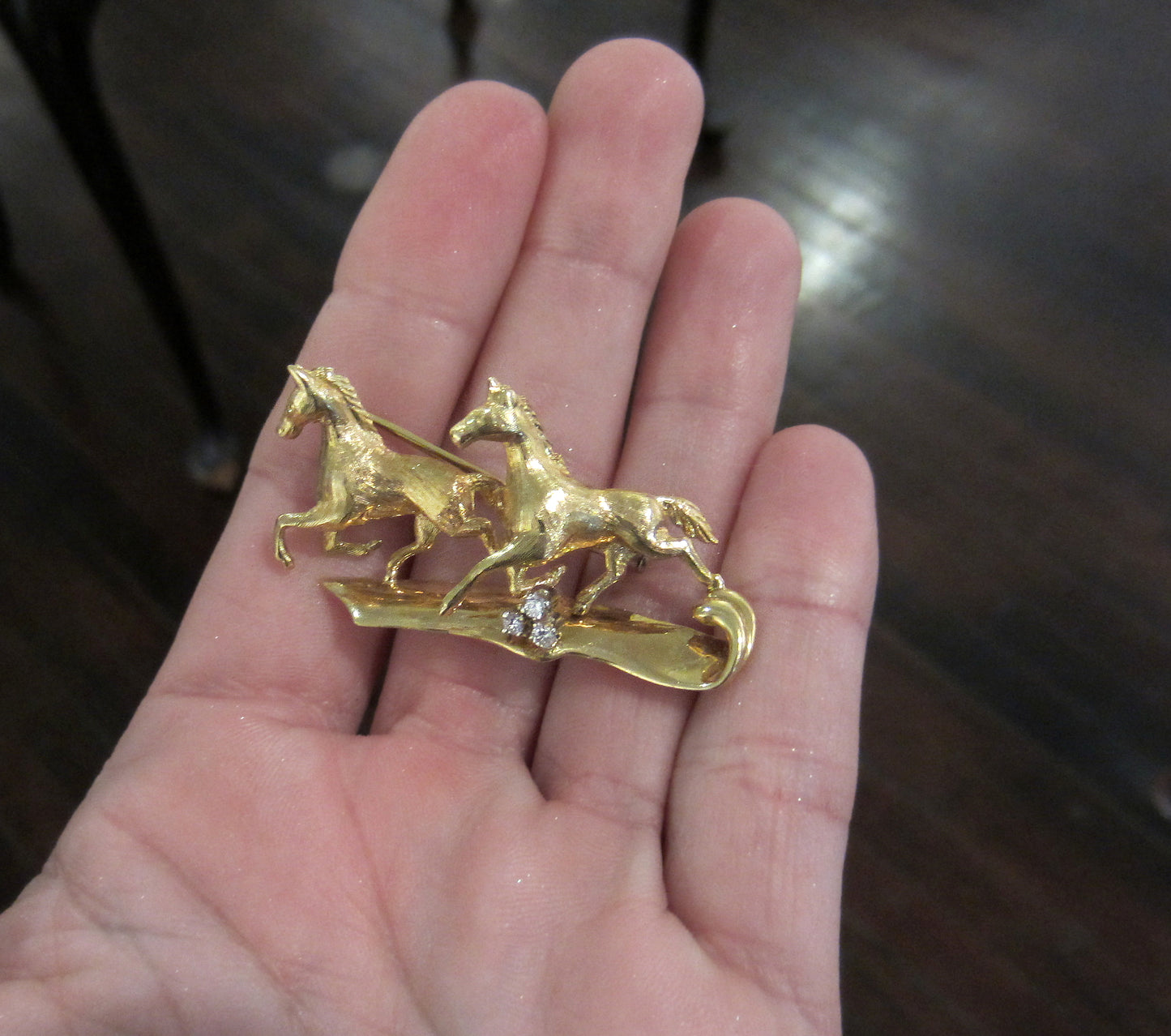 SOLD--Mid-Century Diamond Horse Brooch 18k c. 1960