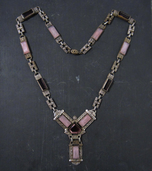 SOLD--Art Deco Purple Glass Necklace Silver Plate, Czech c. 1930