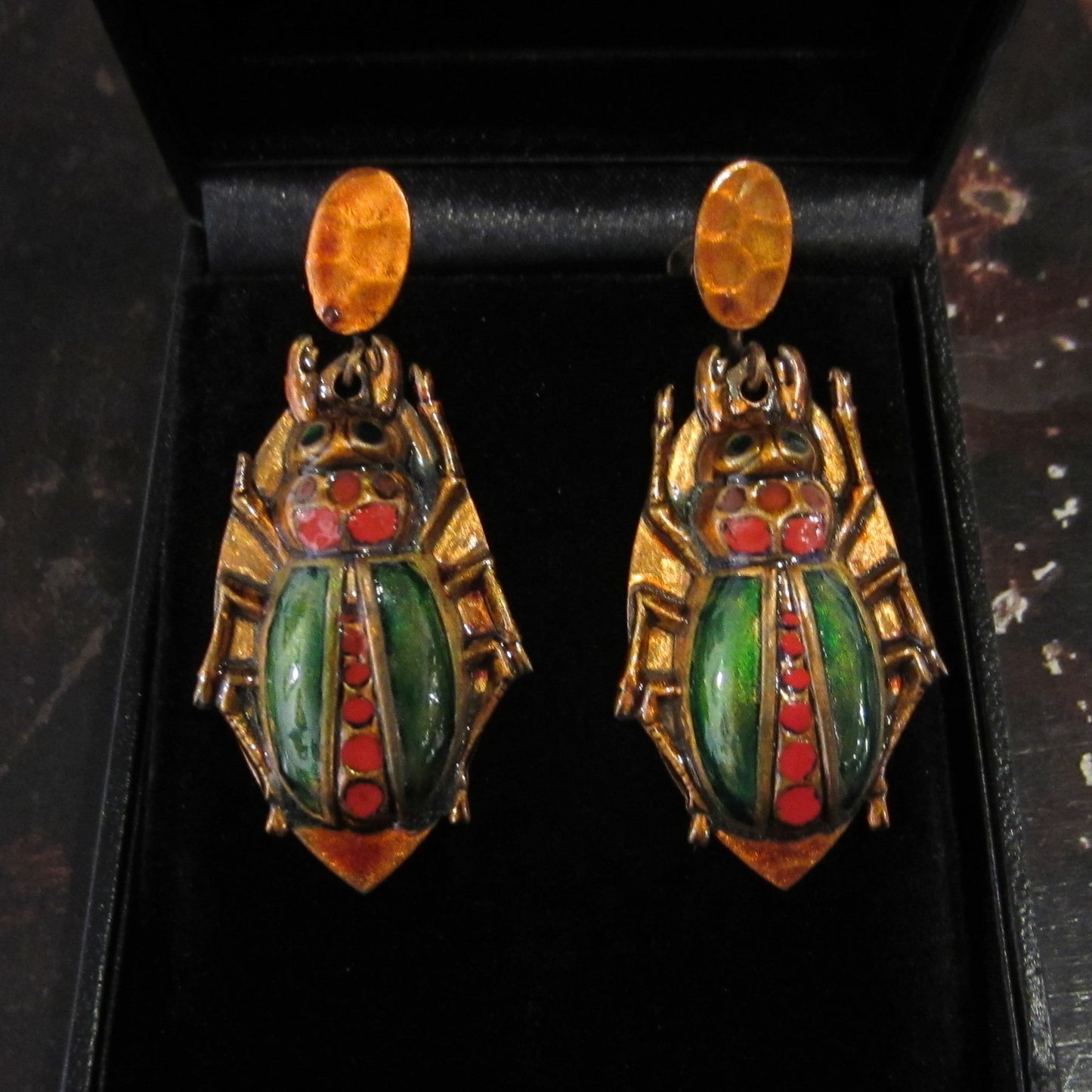 SOLD--Vintage Enamel Scarab Earrings Copper c. 1940