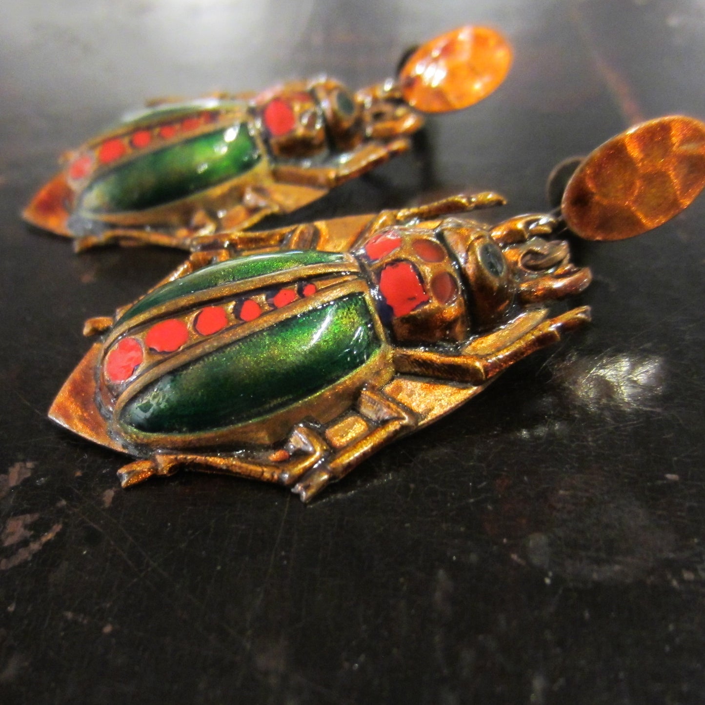 SOLD--Vintage Enamel Scarab Earrings Copper c. 1940