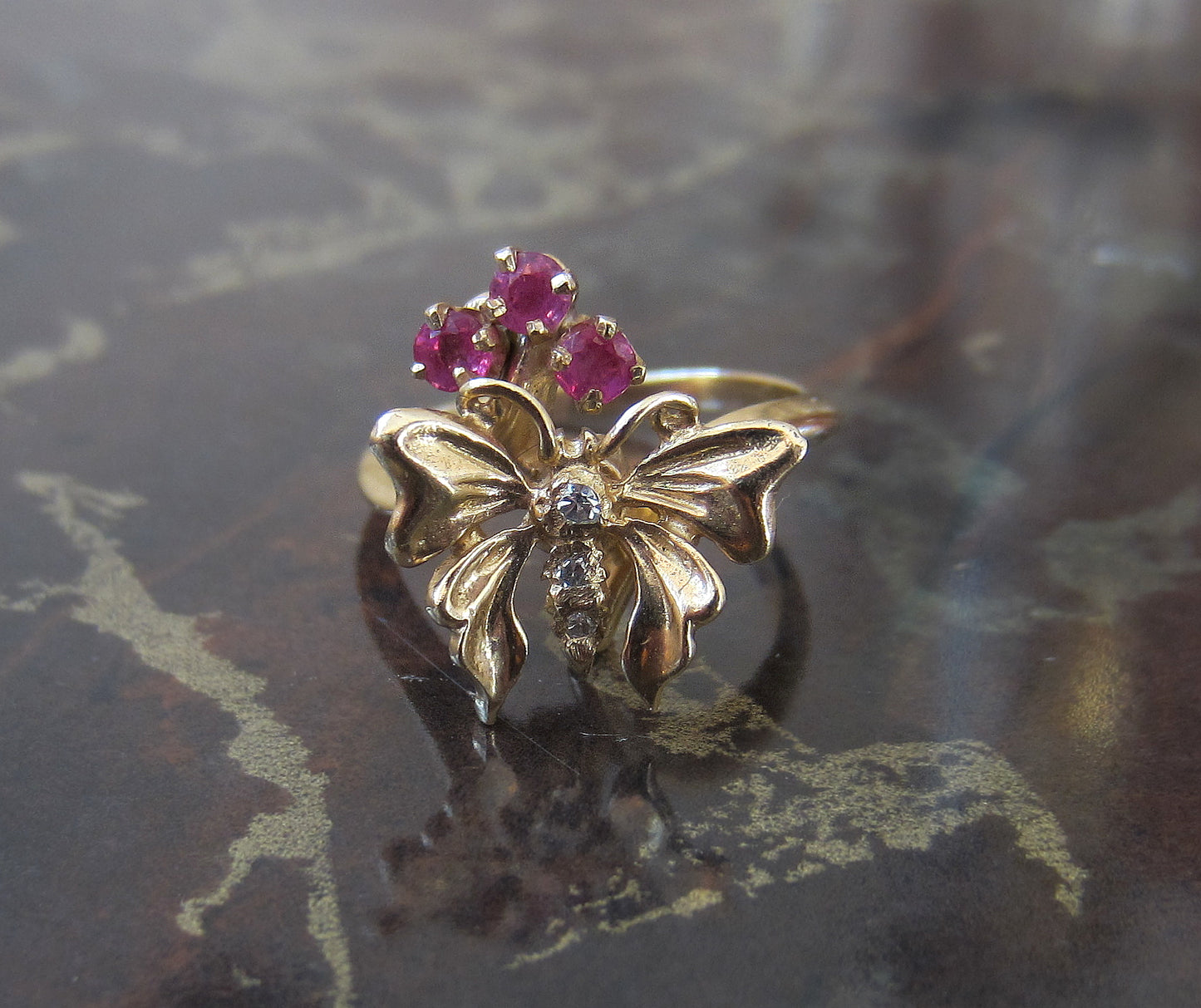 SOLD--Mid-Century Diamond and Ruby Butterfly Ring 14k c. 1960