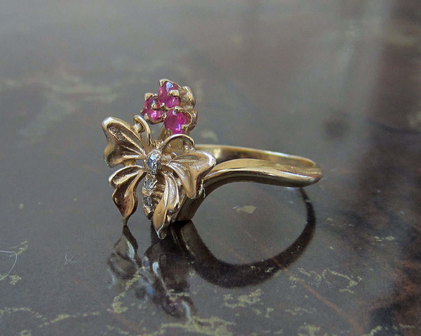 SOLD--Mid-Century Diamond and Ruby Butterfly Ring 14k c. 1960