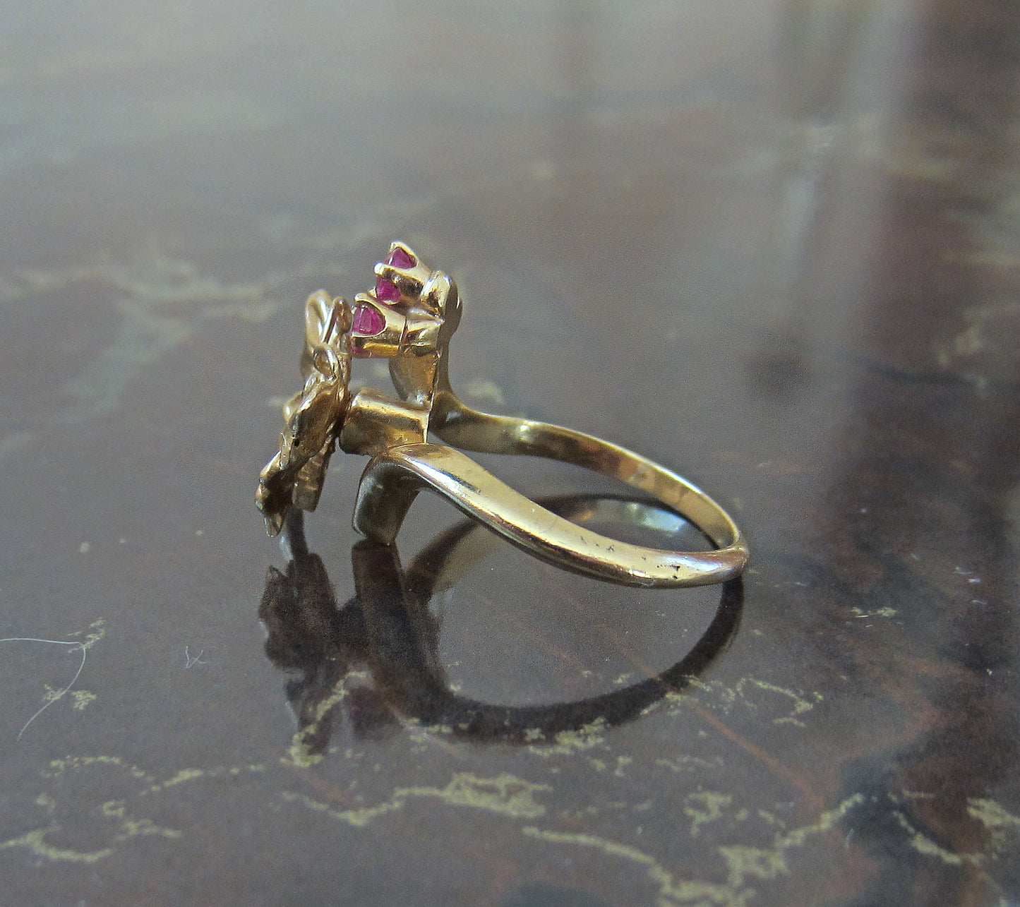 SOLD--Mid-Century Diamond and Ruby Butterfly Ring 14k c. 1960