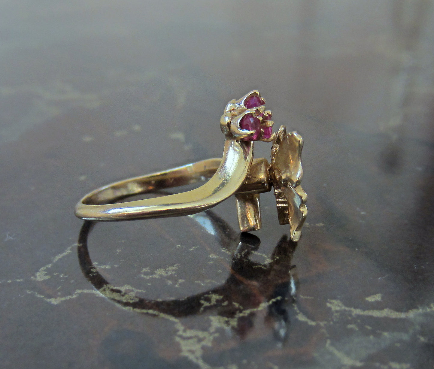 SOLD--Mid-Century Diamond and Ruby Butterfly Ring 14k c. 1960