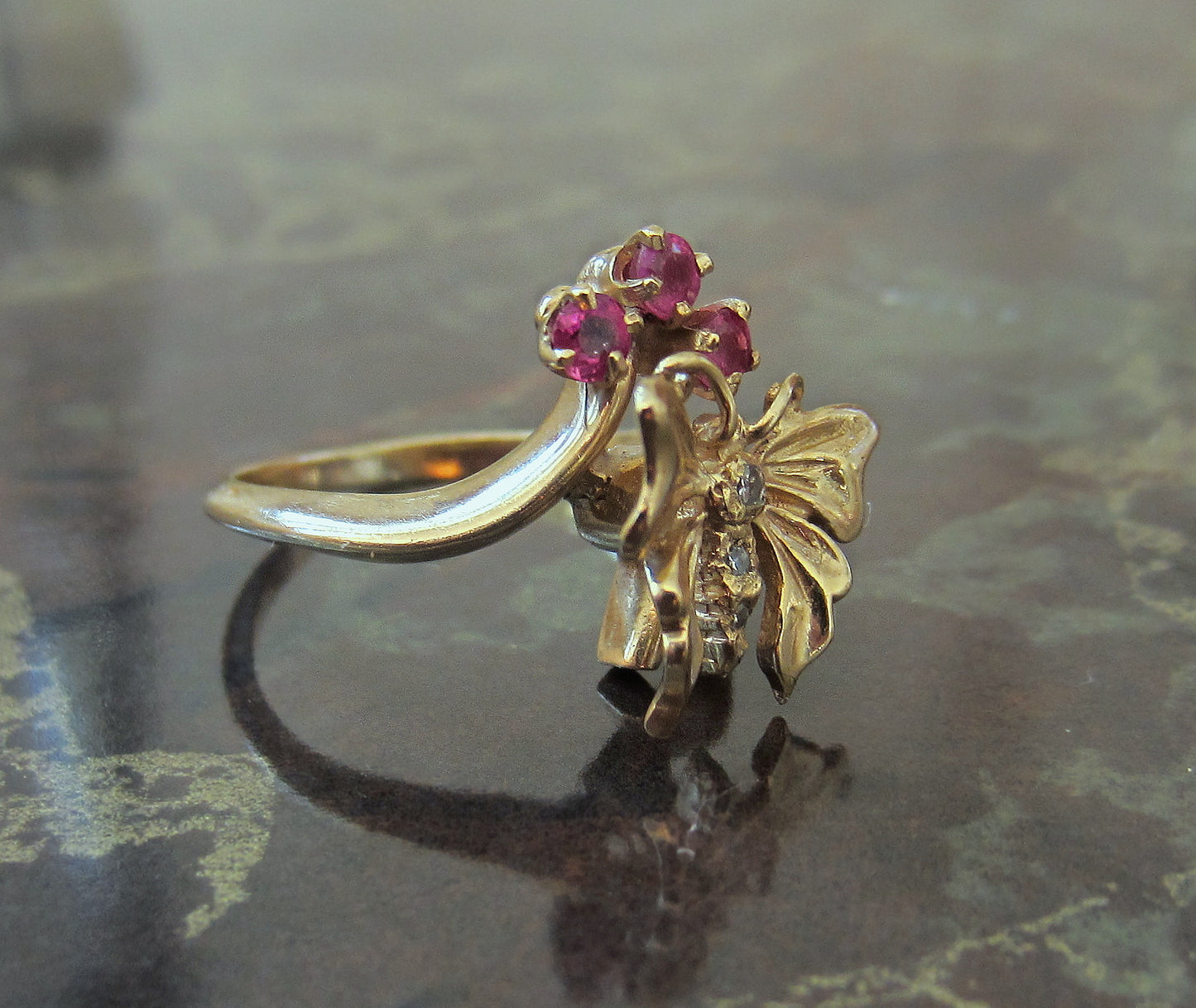 SOLD--Mid-Century Diamond and Ruby Butterfly Ring 14k c. 1960