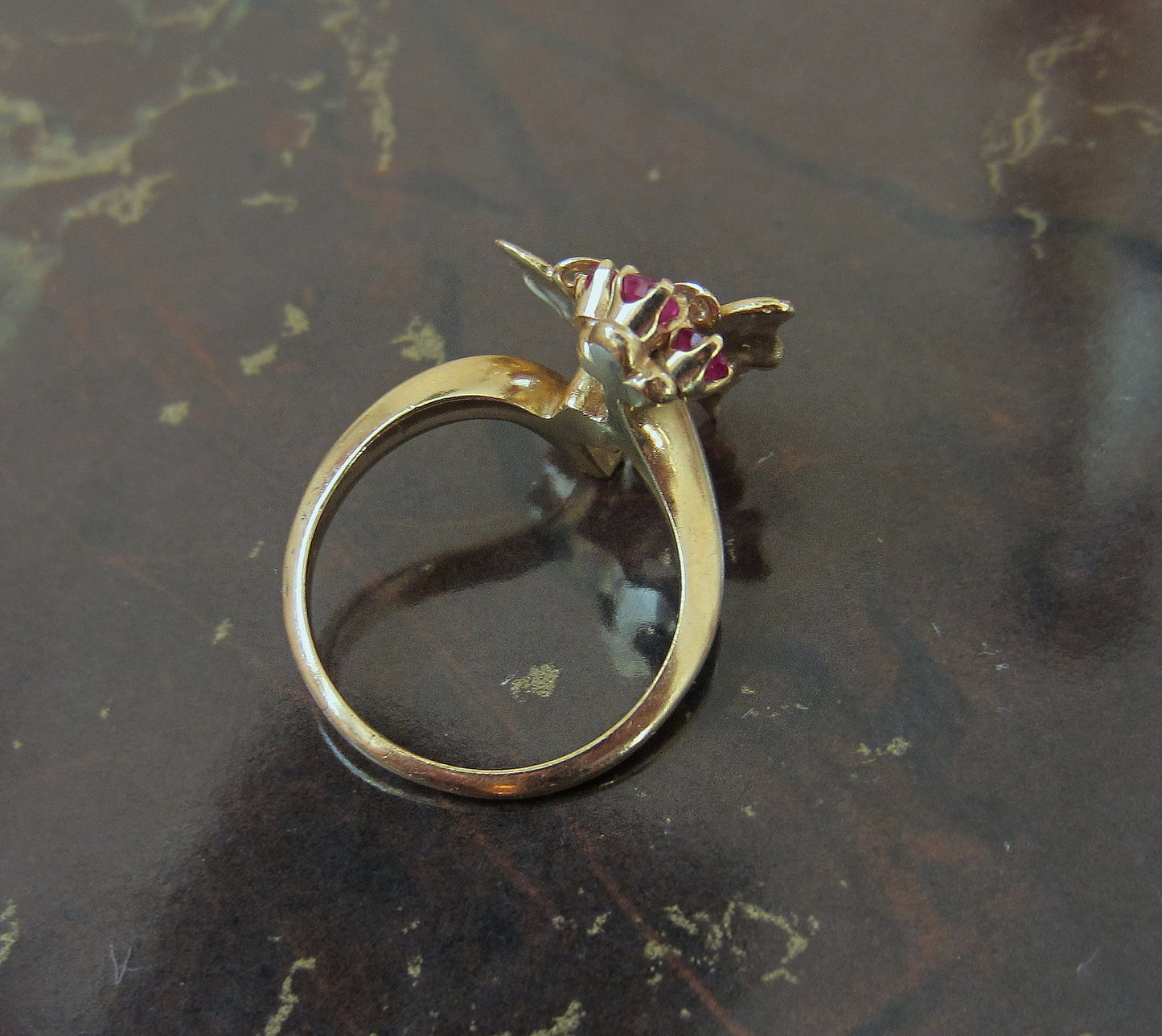 SOLD--Mid-Century Diamond and Ruby Butterfly Ring 14k c. 1960