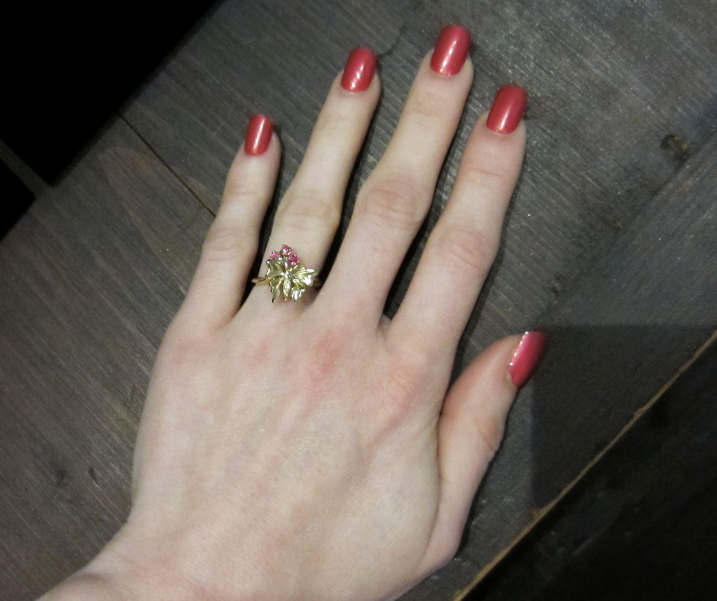 SOLD--Mid-Century Diamond and Ruby Butterfly Ring 14k c. 1960