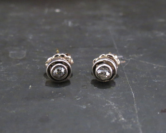 SOLD--Art Deco Bezel Set Old Mine Diamond Studs in Silver/18k c. 1920