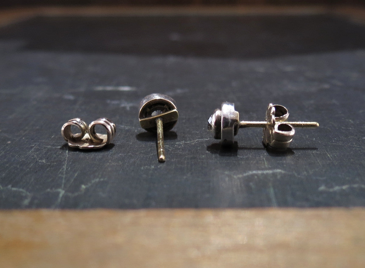 SOLD--Art Deco Bezel Set Old Mine Diamond Studs in Silver/18k c. 1920
