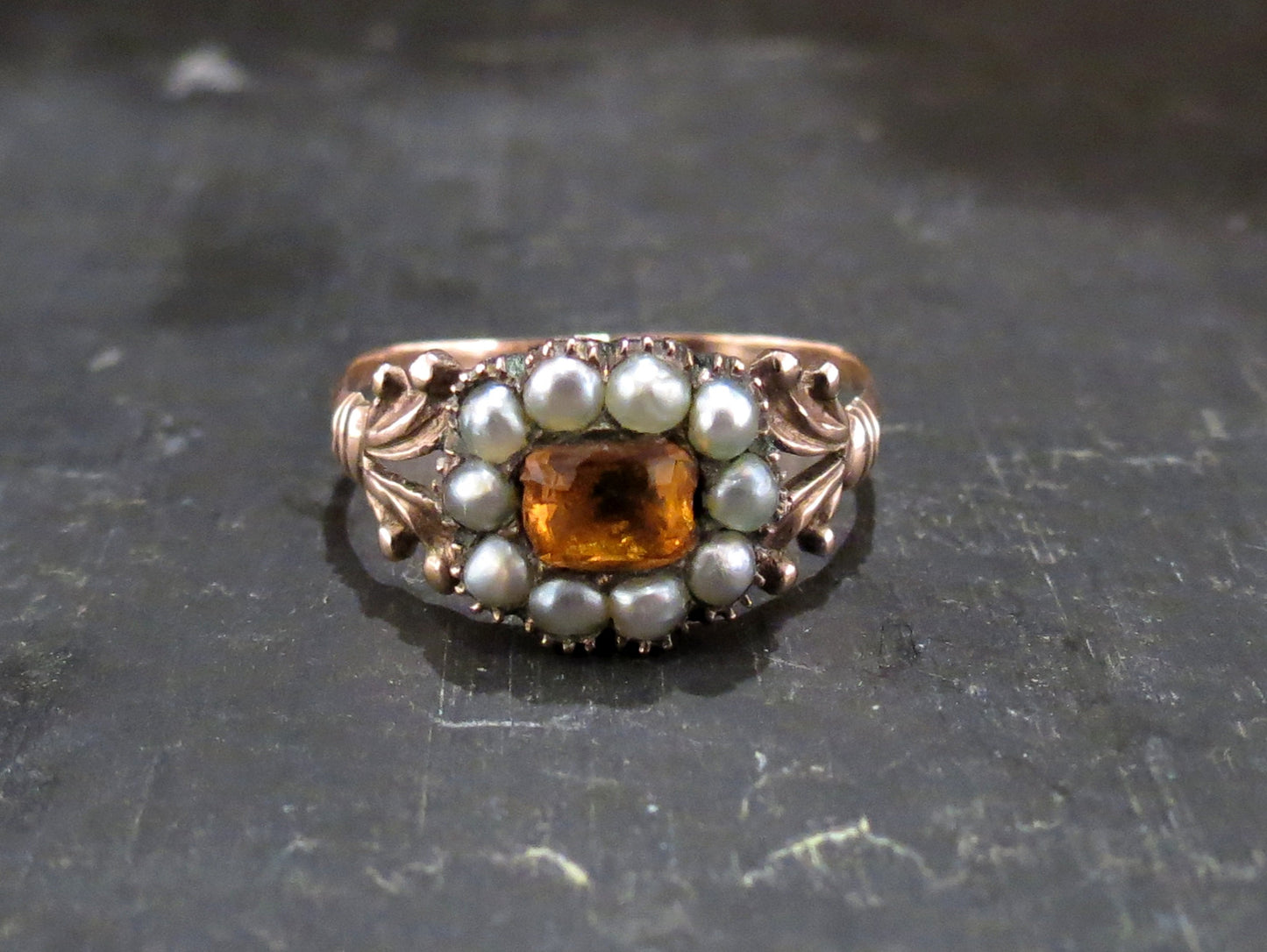 Georgian Citrine Paste and Split Pearl Ring 9k c. 1830