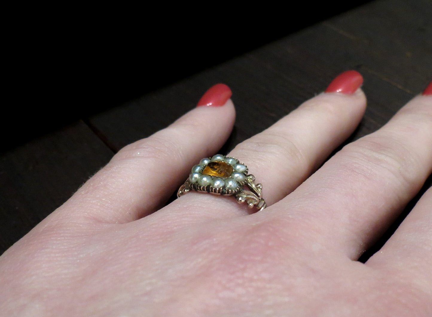 Georgian Citrine Paste and Split Pearl Ring 9k c. 1830