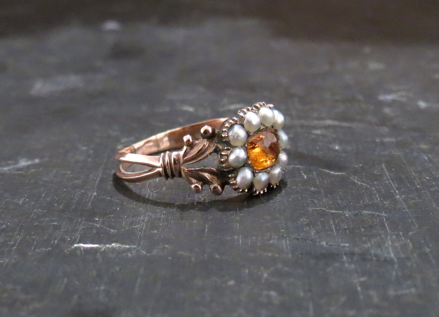 Georgian Citrine Paste and Split Pearl Ring 9k c. 1830