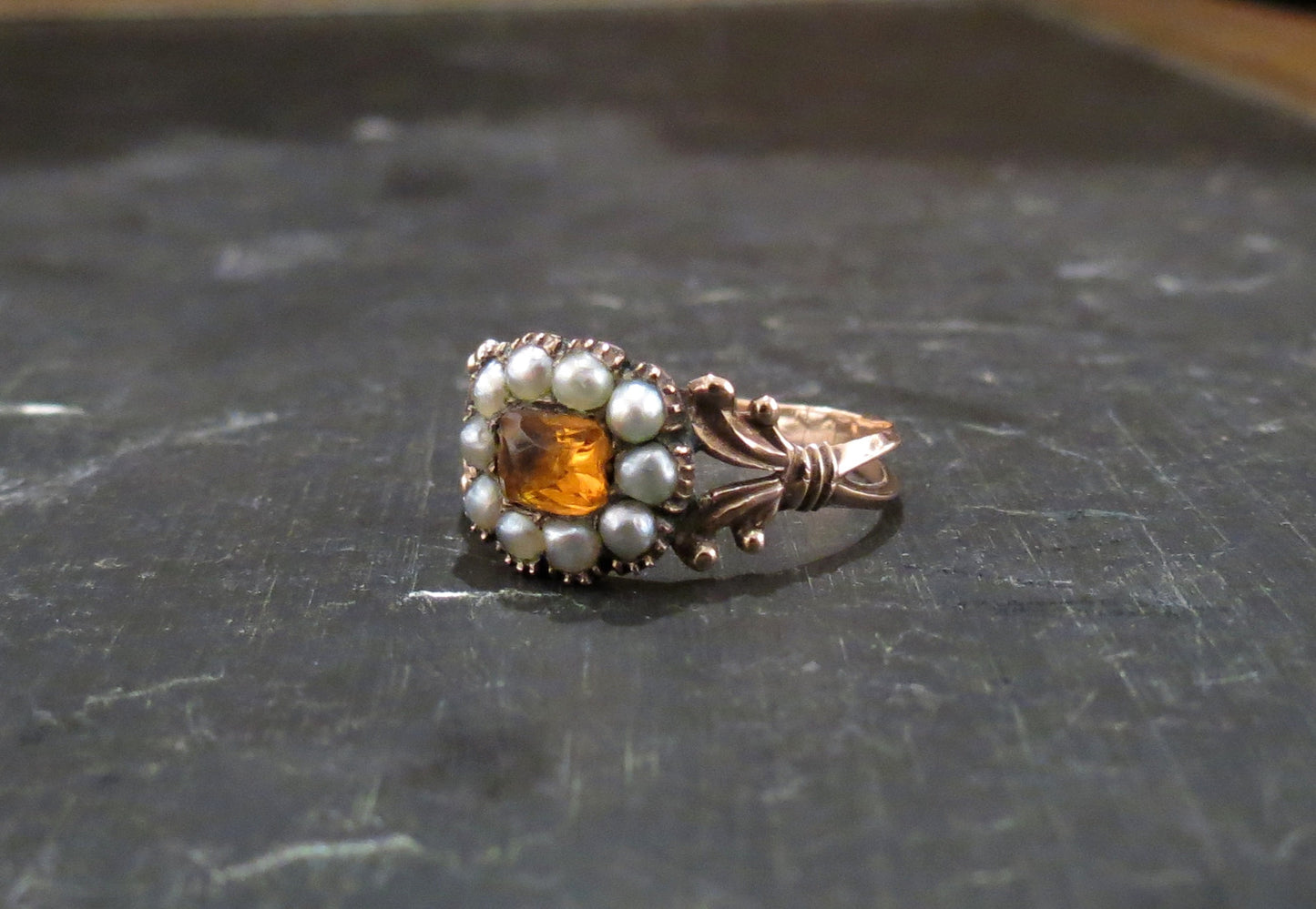 Georgian Citrine Paste and Split Pearl Ring 9k c. 1830