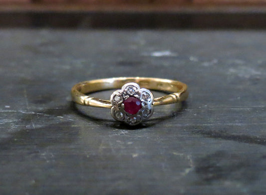 SOLD--Edwardian Ruby and Diamond Flower Ring Silver/18k c. 1900