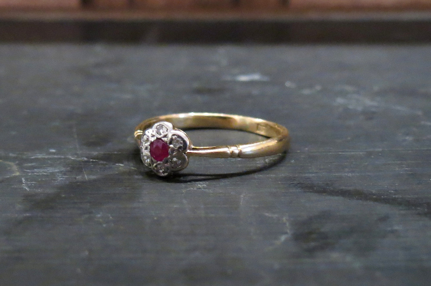 SOLD--Edwardian Ruby and Diamond Flower Ring Silver/18k c. 1900