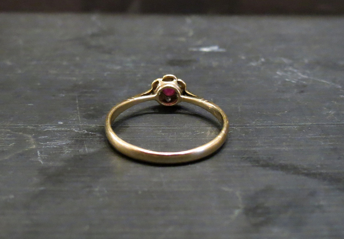 SOLD--Edwardian Ruby and Diamond Flower Ring Silver/18k c. 1900