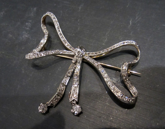 SOLD--Edwardian Old Cut Diamond Bow Brooch Platinum/18k c. 1910