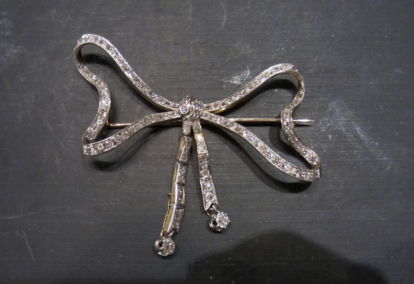 SOLD--Edwardian Old Cut Diamond Bow Brooch Platinum/18k c. 1910