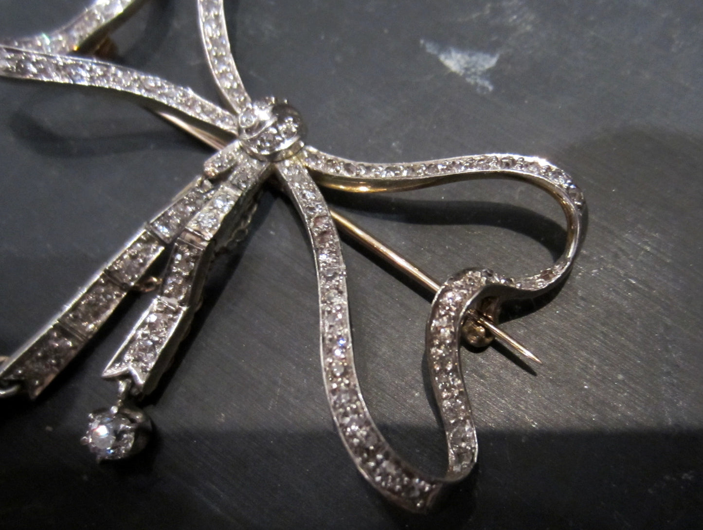 SOLD--Edwardian Old Cut Diamond Bow Brooch Platinum/18k c. 1910