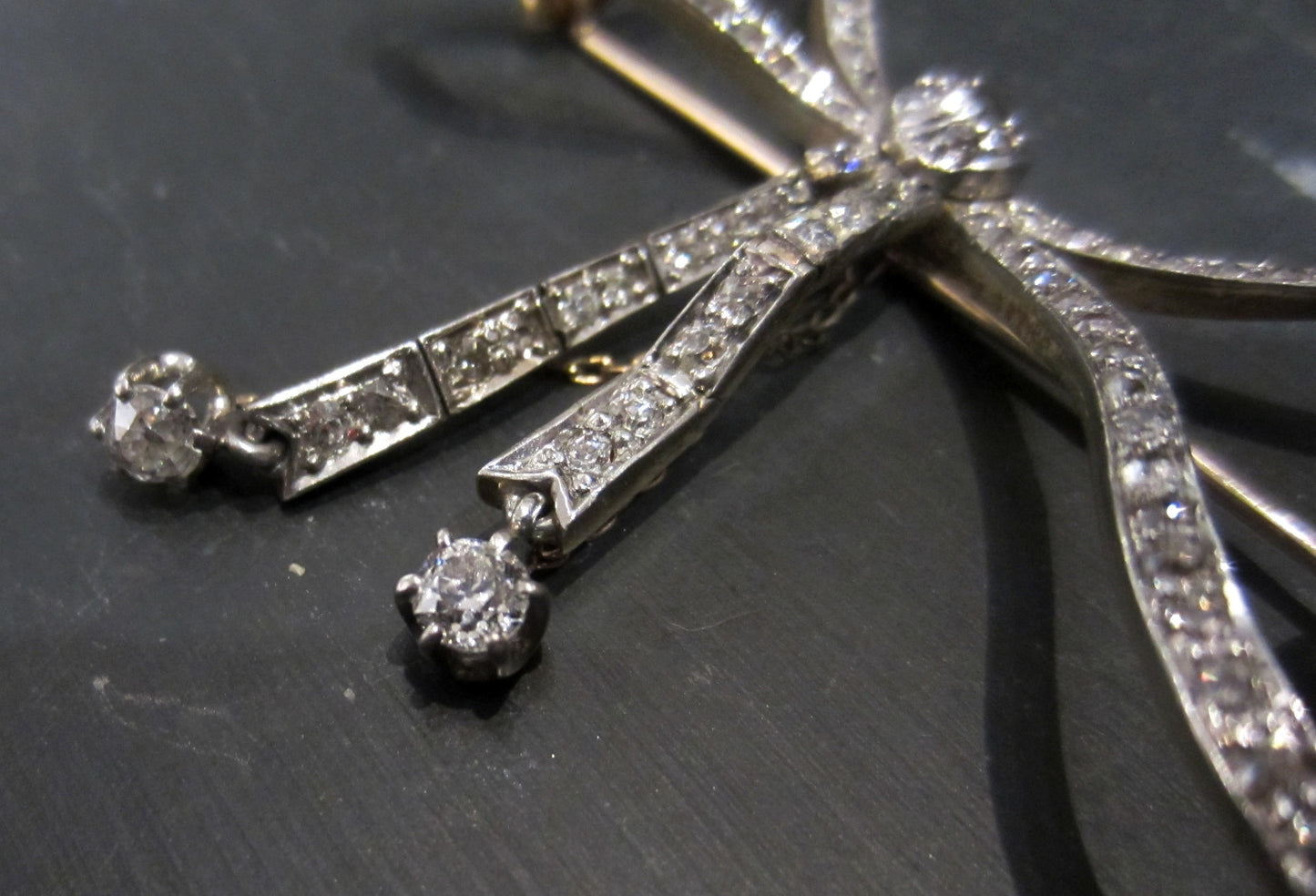 SOLD--Edwardian Old Cut Diamond Bow Brooch Platinum/18k c. 1910