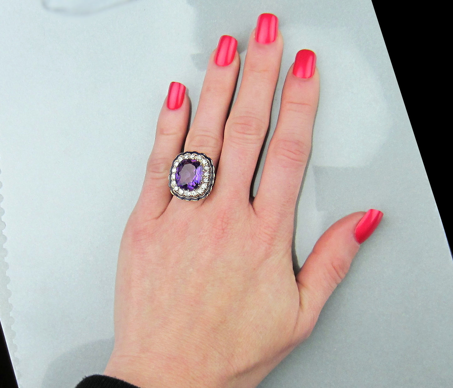 SOLD--Mid-Century Amethyst, Diamond and Enamel Ring 14k, Property of Ruth Mitchell c. 1940's