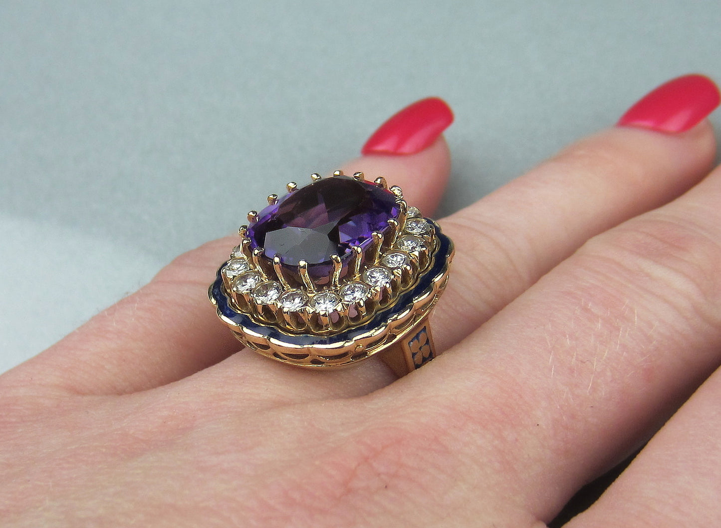 SOLD--Mid-Century Amethyst, Diamond and Enamel Ring 14k, Property of Ruth Mitchell c. 1940's