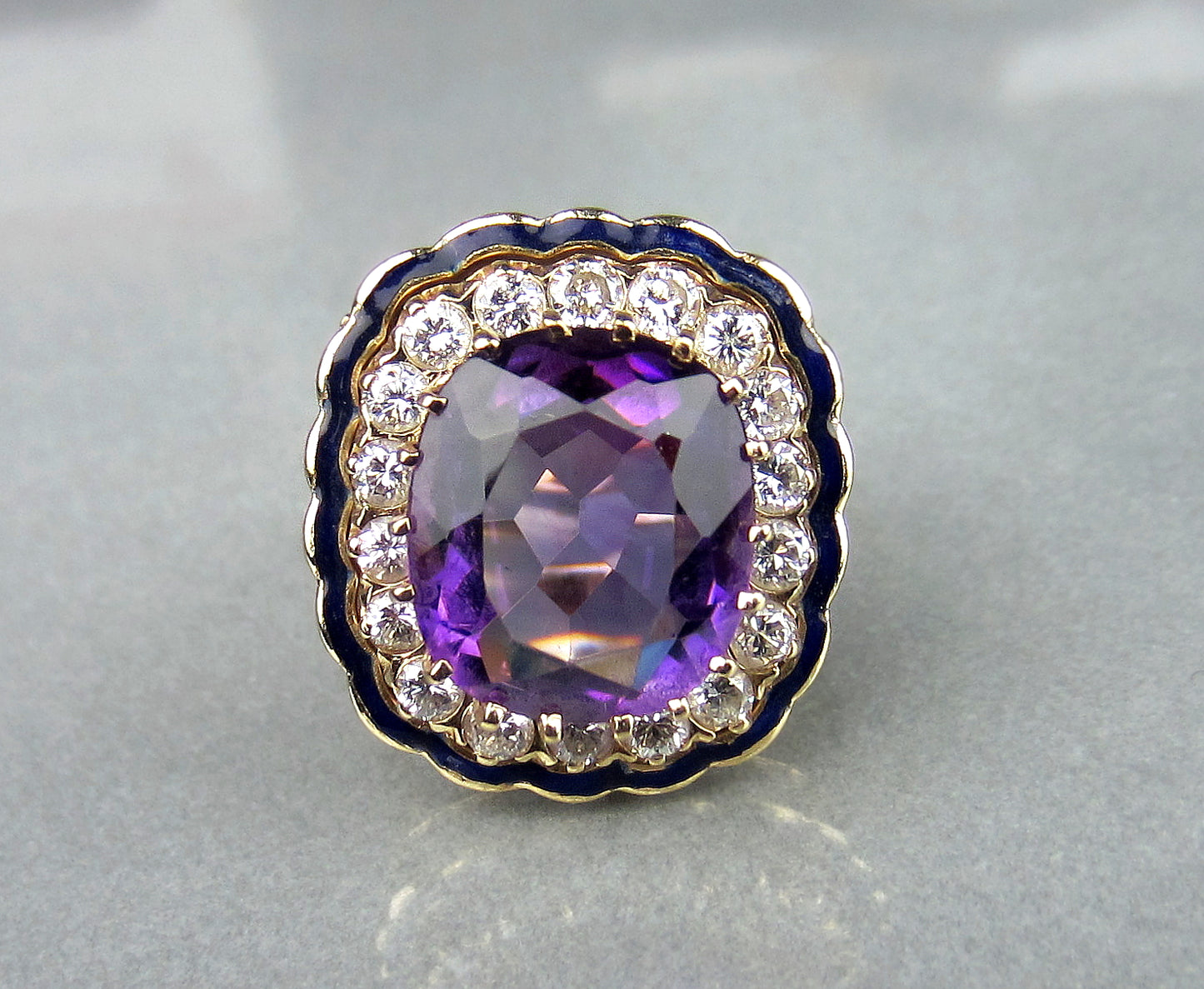 SOLD--Mid-Century Amethyst, Diamond and Enamel Ring 14k, Property of Ruth Mitchell c. 1940's