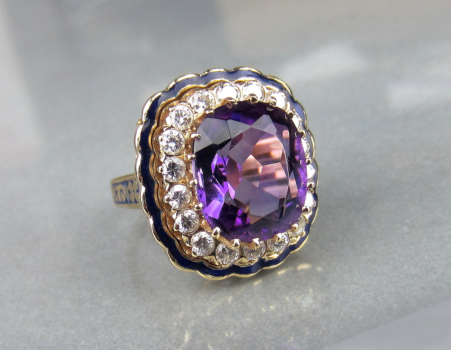 SOLD--Mid-Century Amethyst, Diamond and Enamel Ring 14k, Property of Ruth Mitchell c. 1940's