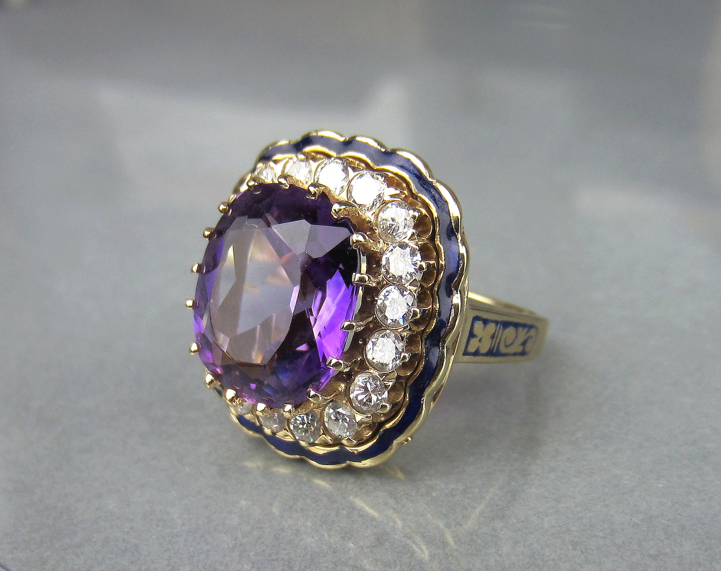 SOLD--Mid-Century Amethyst, Diamond and Enamel Ring 14k, Property of Ruth Mitchell c. 1940's