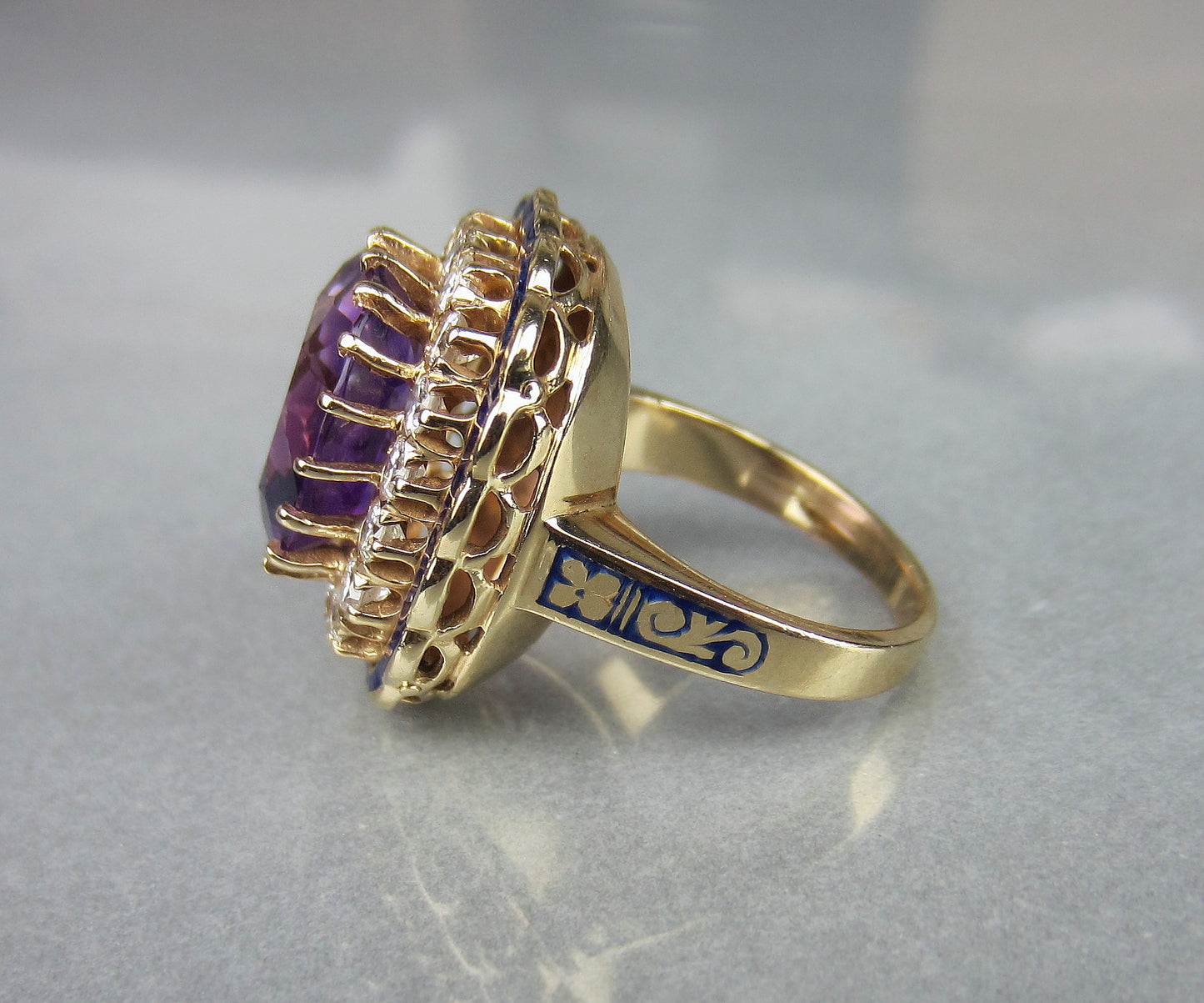 SOLD--Mid-Century Amethyst, Diamond and Enamel Ring 14k, Property of Ruth Mitchell c. 1940's