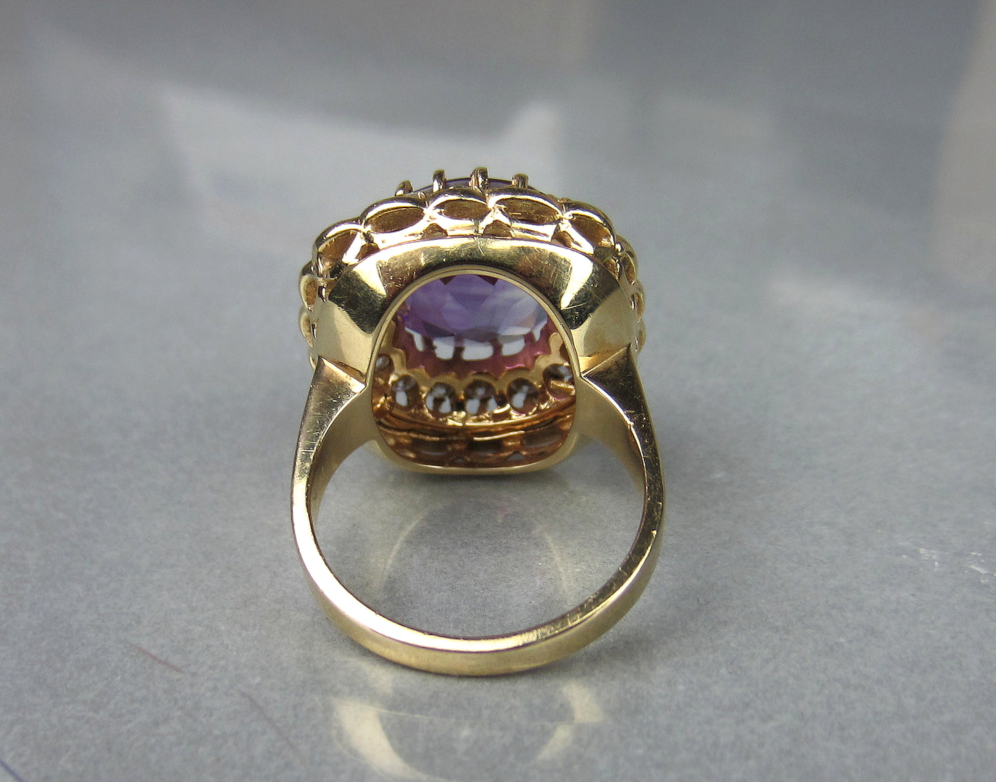 SOLD--Mid-Century Amethyst, Diamond and Enamel Ring 14k, Property of Ruth Mitchell c. 1940's