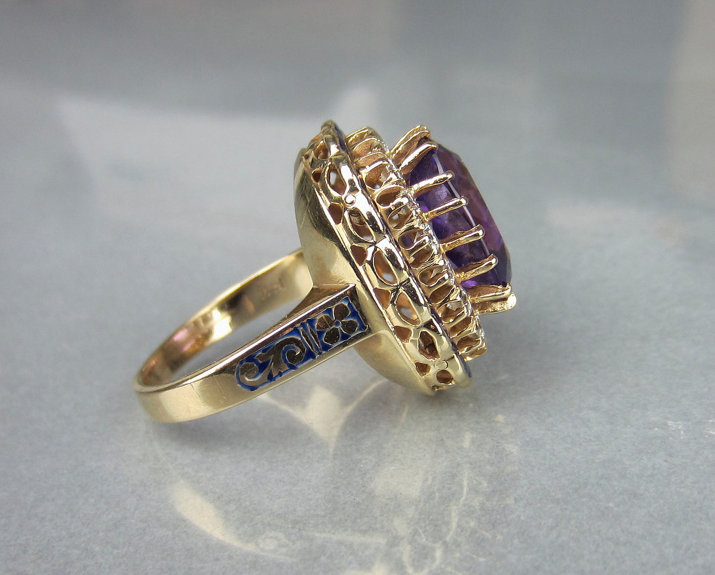 SOLD--Mid-Century Amethyst, Diamond and Enamel Ring 14k, Property of Ruth Mitchell c. 1940's