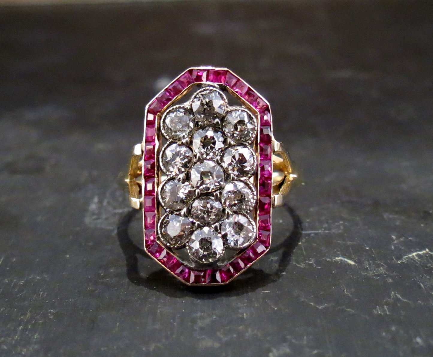 SOLD--Edwardian Old Mine Diamond and Ruby Cluster Ring 14k/Silver c. 1915