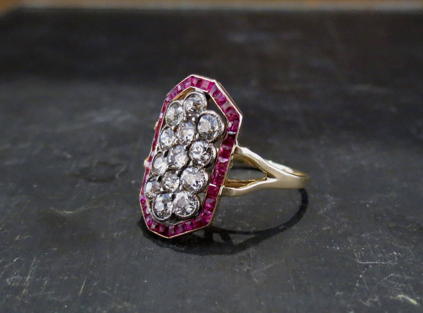 SOLD--Edwardian Old Mine Diamond and Ruby Cluster Ring 14k/Silver c. 1915