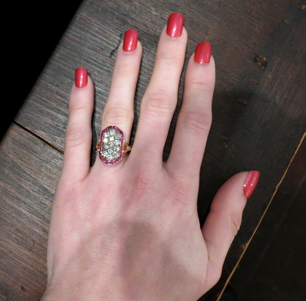 SOLD--Edwardian Old Mine Diamond and Ruby Cluster Ring 14k/Silver c. 1915