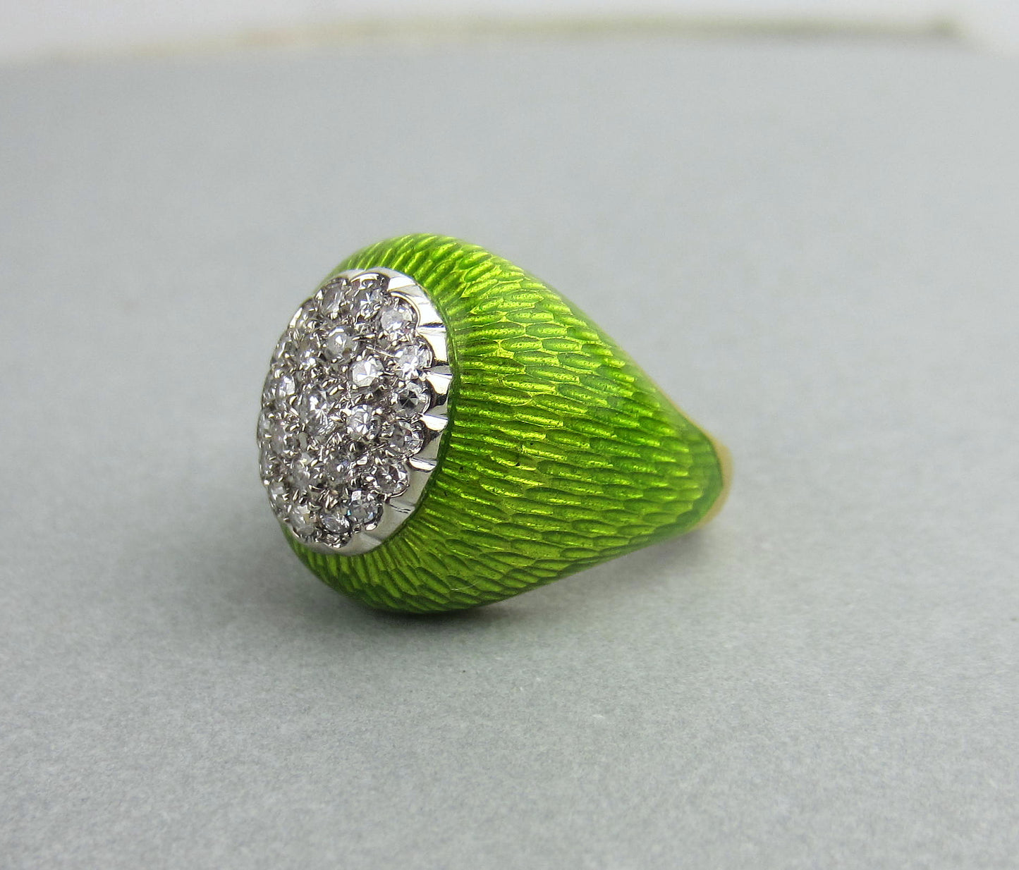 SOLD--Crazy Glamorous Mid-Century Diamond and Enamel Bombe Ring 18k c. 1960