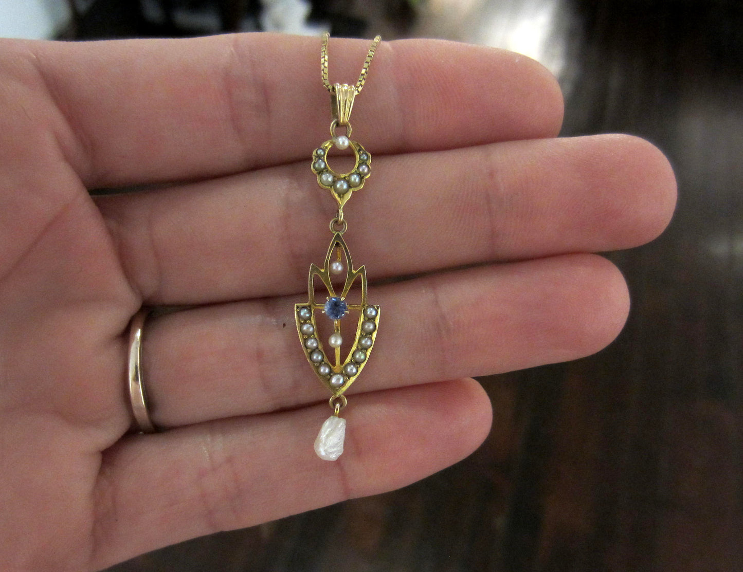 SOLD--Edwardian Sapphire and Pearl Lavalier 10k/14k c. 1910