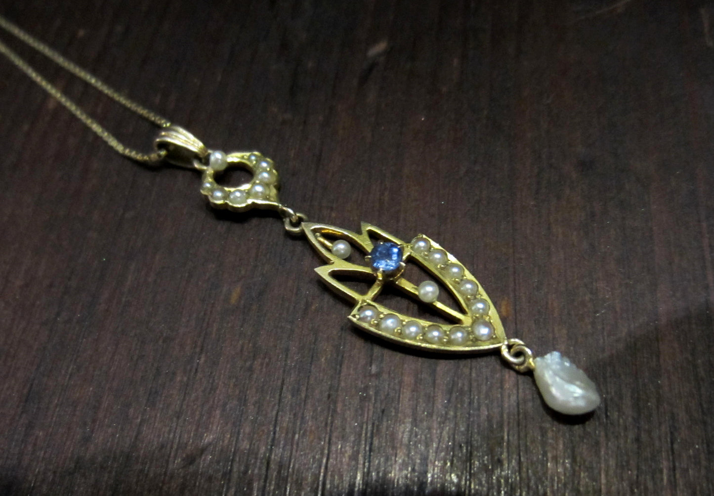 SOLD--Edwardian Sapphire and Pearl Lavalier 10k/14k c. 1910