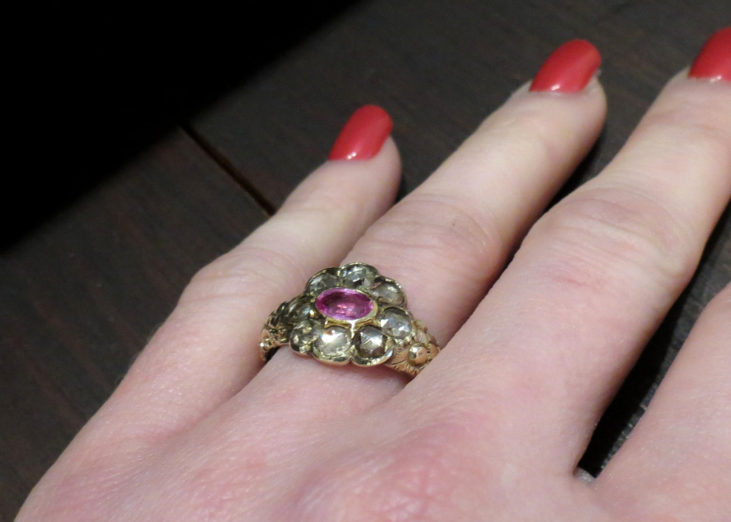Georgian Pink Sapphire and Rose Cut Diamond Ring 14k c. 1820