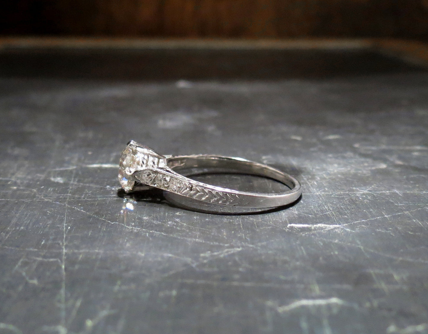 SOLD--Art Deco Old Mine Diamond 1.03ct Engagement Ring 18k c. 1920