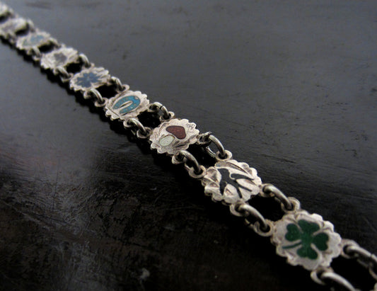 SOLD--Art Deco Enamel Lucky Charms Bracelet Silver, Austria c. 1930