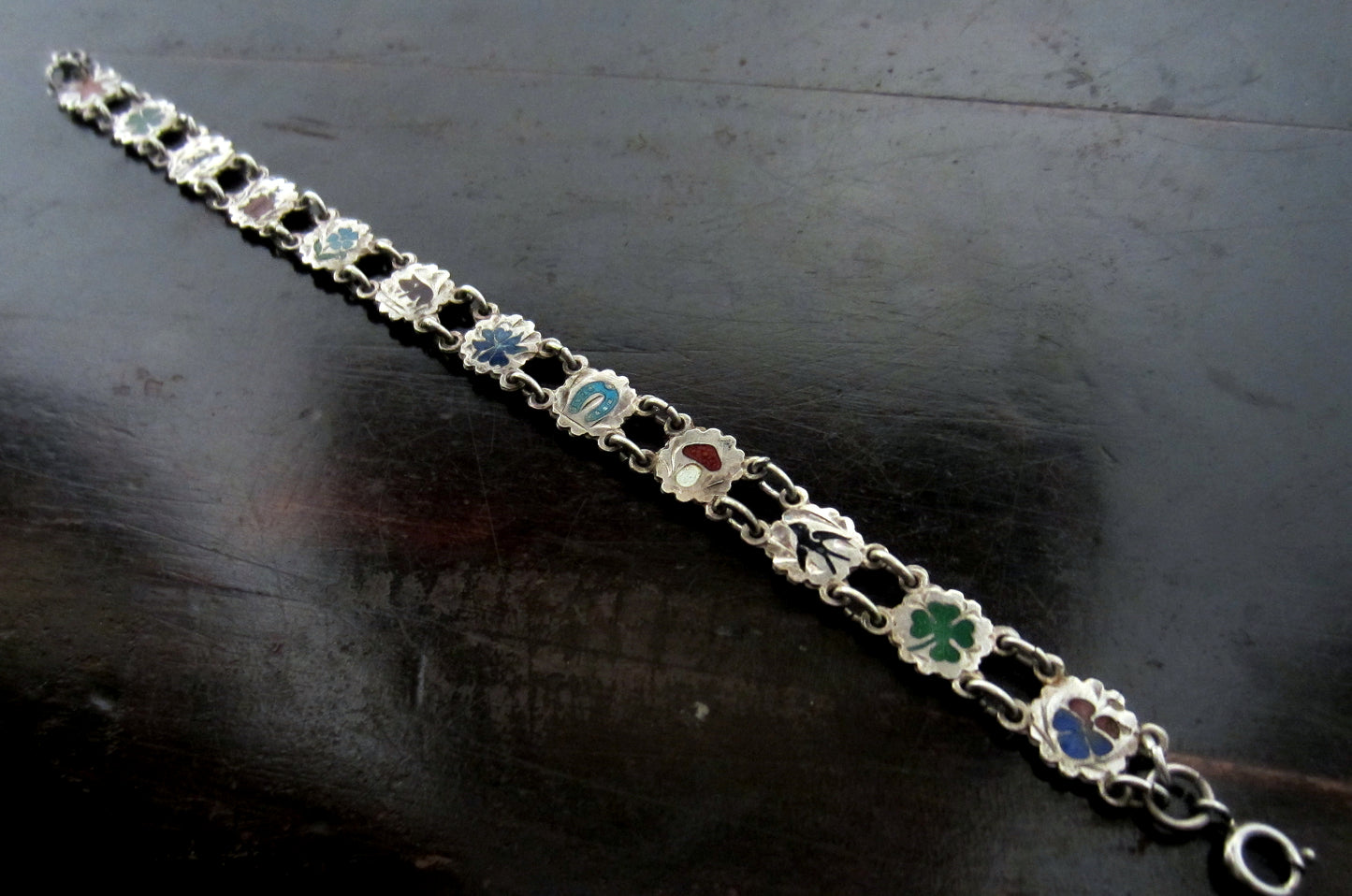 SOLD--Art Deco Enamel Lucky Charms Bracelet Silver, Austria c. 1930