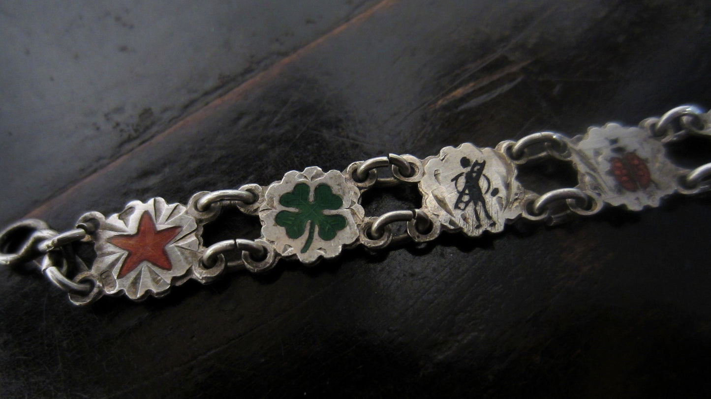 SOLD--Art Deco Enamel Lucky Charms Bracelet Silver, Austria c. 1930