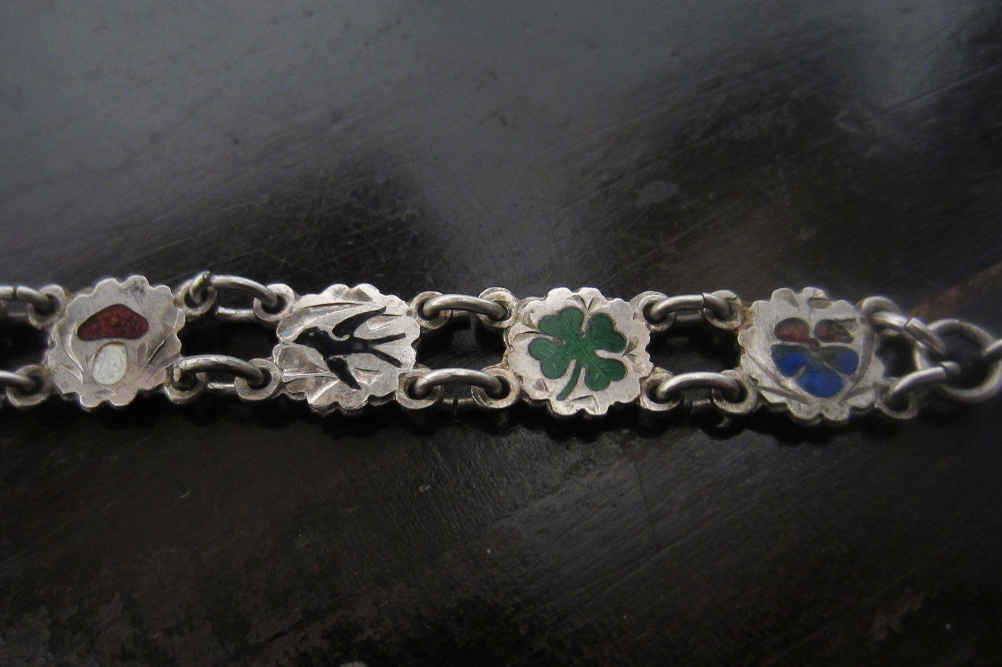 SOLD--Art Deco Enamel Lucky Charms Bracelet Silver, Austria c. 1930