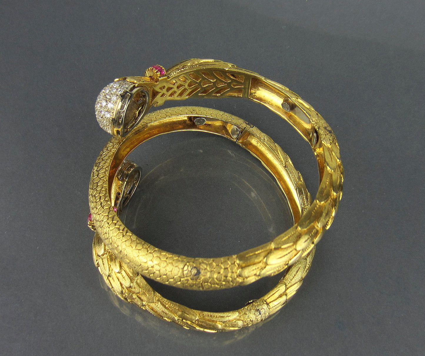 SOLD--Most Glamorous Mid-Century Diamond and Ruby Coil Bracelet 18k, Italy c. 1960
