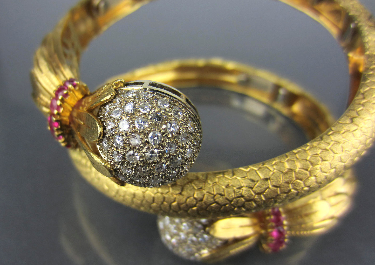 SOLD--Most Glamorous Mid-Century Diamond and Ruby Coil Bracelet 18k, Italy c. 1960