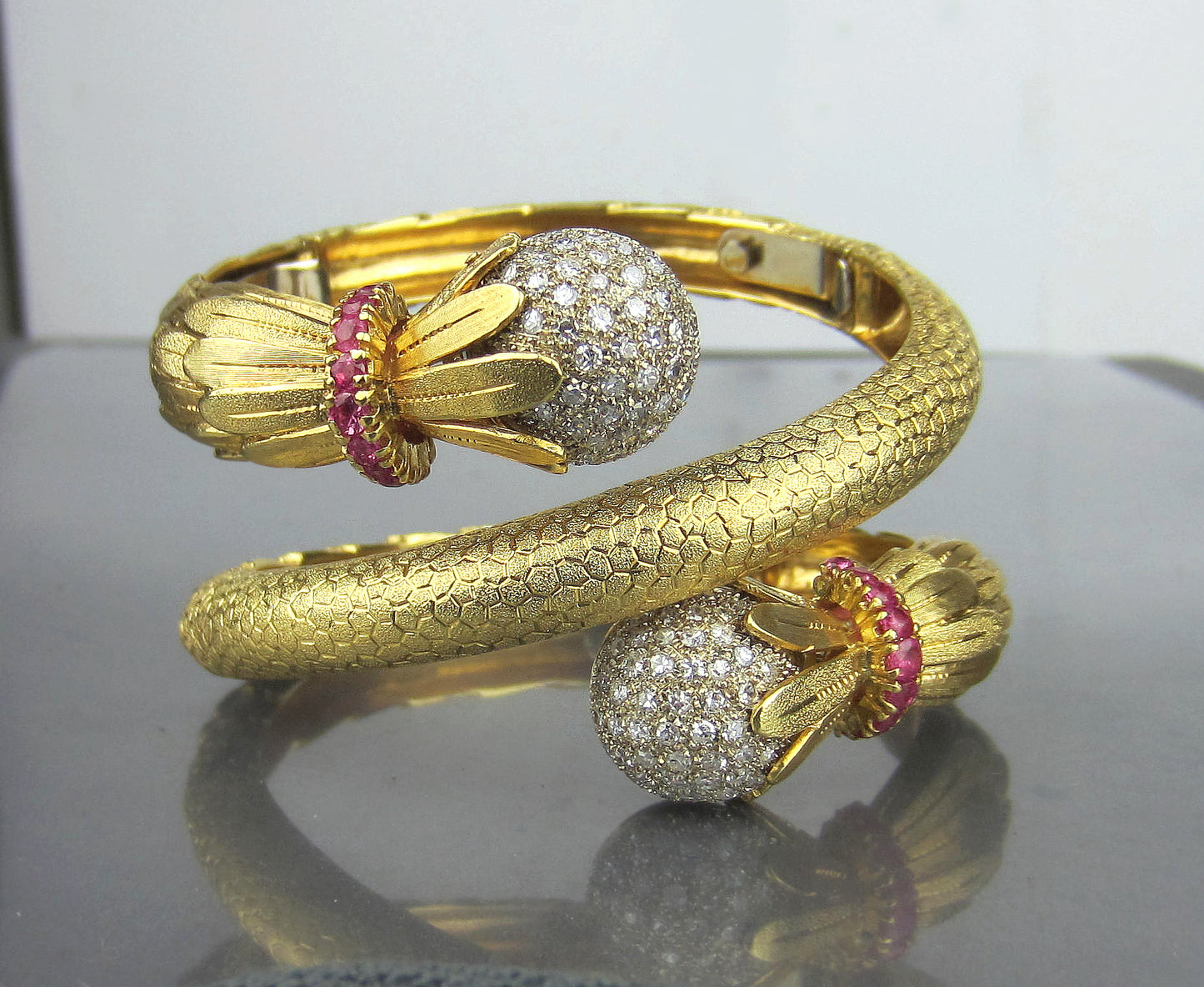 SOLD--Most Glamorous Mid-Century Diamond and Ruby Coil Bracelet 18k, Italy c. 1960