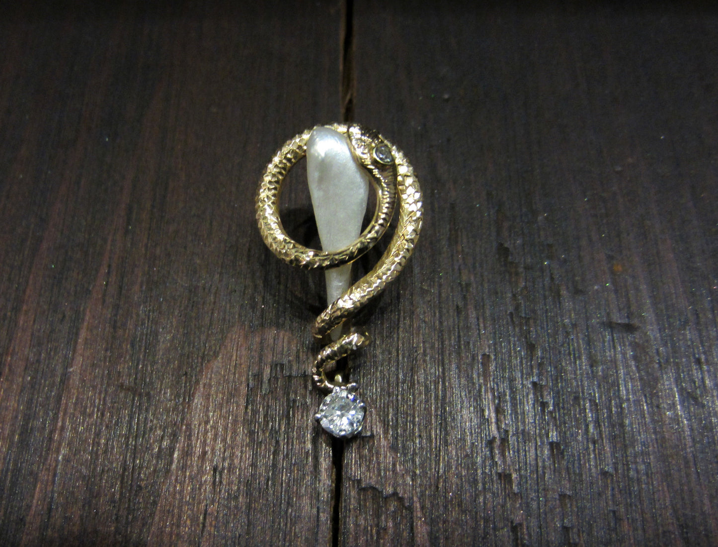 SOLD--Retro Diamond and Pearl Snake Tie Pin 14k c. 1940